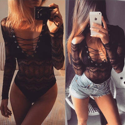 Fasshion Women clothes Choker Lace long sleeve Bodysuit Stretch Leotard Deep V-neck Tops Geometry Jumpsuit Romper Sexy one pie
Fasshion Women clothes Choker Lace long sleeve Bodysuit Stretch Leotard Deep V-neck Tops Geometry Jumpsuit Romper Sexy one pie