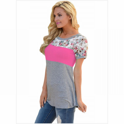 Three-layer color block round neck short-sleeved floral print straight T-shirt top
Three-layer color block round neck short-sleeved floral print straight T-shirt top