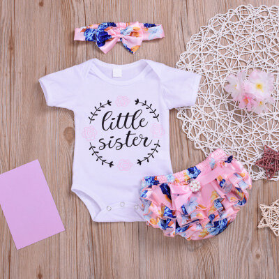 Summer Baby Girl Casual Short Sleeve Letter Print Cotton Romper Tops Floral Pattern Briefs Shorts With Headband Outfits Set
Summer Baby Girl Casual Short Sleeve Letter Print Cotton Romper Tops Floral Pattern Briefs Shorts With Headband Outfits Set