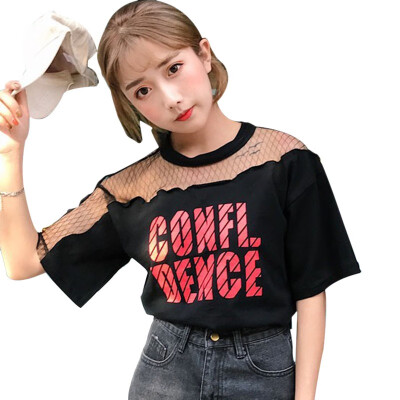 Letter Printed Round Neck Short Sleeve T Shirts Women Sexy Mesh Hollow Out Tshirt Korean Casual Loose Tops Female
Letter Printed Round Neck Short Sleeve T Shirts Women Sexy Mesh Hollow Out Tshirt Korean Casual Loose Tops Female