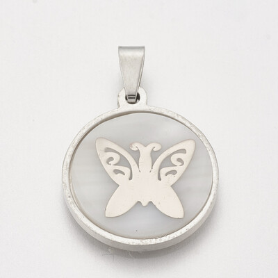 202 Stainless Steel Pendants with Shell Flat Round with Butterfly Stainless Steel Color 23x20x34mm Hole 3x6mm
202 Stainless Steel Pendants with Shell Flat Round with Butterfly Stainless Steel Color 23x20x34mm Hole 3x6mm