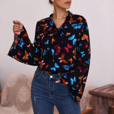 Autumn New Women Bow Tie Butterfly Print Trumpet Sleeve Long Sleeve Shirt Office Lady Clothing White Black
Autumn New Women Bow Tie Butterfly Print Trumpet Sleeve Long Sleeve Shirt Office Lady Clothing White Black