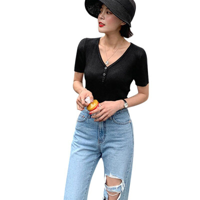 Women V Neck Solid Slim Knitted T-Shirt Pullover Buttons Shirt Casual Short Sleeve T Shirt
Women V Neck Solid Slim Knitted T-Shirt Pullover Buttons Shirt Casual Short Sleeve T Shirt