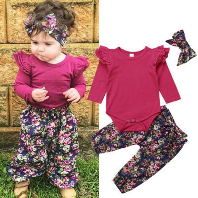 Newborn Baby Girl Cotton Tops Romper Floral Long Pants 3Pcs Outfits Clothes Set