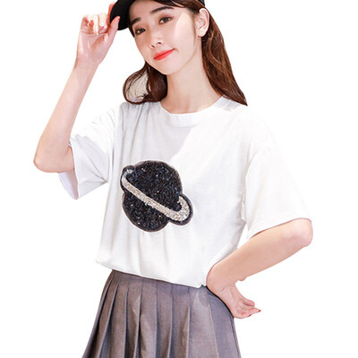 Korean Cosy Summer T shirt Woman Spring O Neck T-Shirt Sequined Cartoon Planet Print Short Sleeve Loose Tshirt Women harajuku
Korean Cosy Summer T shirt Woman Spring O Neck T-Shirt Sequined Cartoon Planet Print Short Sleeve Loose Tshirt Women harajuku