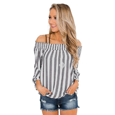 One-shoulder striped chiffon shirt womens shirt European&American cross-country sexy casual nine-point sleeve chiffon shirt n