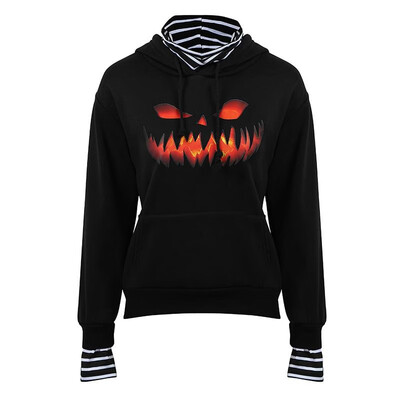Fashion Women Autumn Halloween Print Hooded Hoodie Fake Two Pieces Turtleneck Long Sleeve Drawstring Pocket Striped Splicing Pullo
Fashion Women Autumn Halloween Print Hooded Hoodie Fake Two Pieces Turtleneck Long Sleeve Drawstring Pocket Striped Splicing Pullo