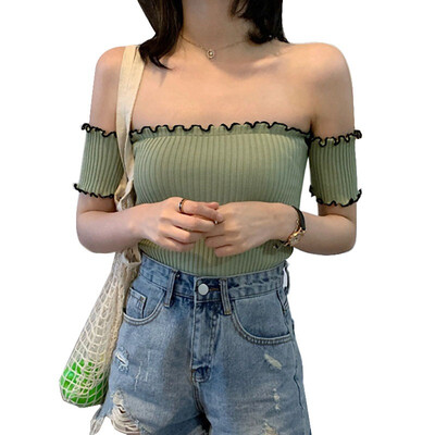 Sexy Off Shoulder T Shirt Women Soild Color Cropped Top Ribbed Short Sleeve Tshirt Slim Bodycon Knitting Tops Chemise Femmer
Sexy Off Shoulder T Shirt Women Soild Color Cropped Top Ribbed Short Sleeve Tshirt Slim Bodycon Knitting Tops Chemise Femmer