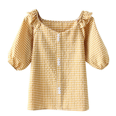 V Neck Womens Shirt Short Sleeve Plaid Casual Blusa Feminina Sweet Cotton Female Ruffles Blouse Tops blusas mujer de moda
V Neck Womens Shirt Short Sleeve Plaid Casual Blusa Feminina Sweet Cotton Female Ruffles Blouse Tops blusas mujer de moda