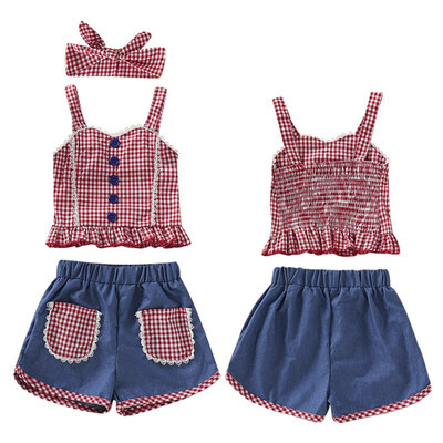 New Summer Girls Cotton Sleeveless Red Plaid Print Vest TopsDenim Shorts Suits with Headband Casual Outfits Sets
New Summer Girls Cotton Sleeveless Red Plaid Print Vest TopsDenim Shorts Suits with Headband Casual Outfits Sets