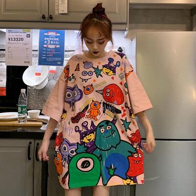Fashion Personality Doodle Cartoon Print Large Size Top Sweet Style Round Neck Short-sleeved Womens Tee O-Neck Long Clothing 
Fashion Personality Doodle Cartoon Print Large Size Top Sweet Style Round Neck Short-sleeved Womens Tee O-Neck Long Clothing