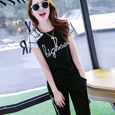 Womens Fashion Korean Style Tracksuit Letter Print T-Shirt And Calf-Length Elastic Waist Pants Casual Summer Sports Suits
Womens Fashion Korean Style Tracksuit Letter Print T-Shirt And Calf-Length Elastic Waist Pants Casual Summer Sports Suits