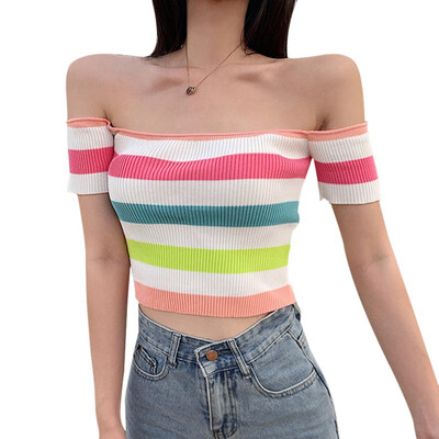 Gril Korean Crop Tops Cotton Rainbow Printed Short Sleeve Tee Sexy Slash Collar T Shirts Sweet Kawaii Loose Streetwear
Gril Korean Crop Tops Cotton Rainbow Printed Short Sleeve Tee Sexy Slash Collar T Shirts Sweet Kawaii Loose Streetwear