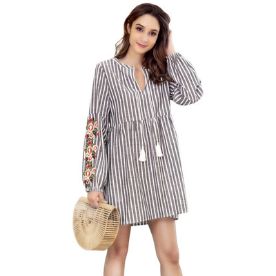 Summer Dress Female Fashion Women V-neck Embroidery Collage Stripes Drawstring Waist Long-Sleeve Dress Vestidos Robe
Summer Dress Female Fashion Women V-neck Embroidery Collage Stripes Drawstring Waist Long-Sleeve Dress Vestidos Robe