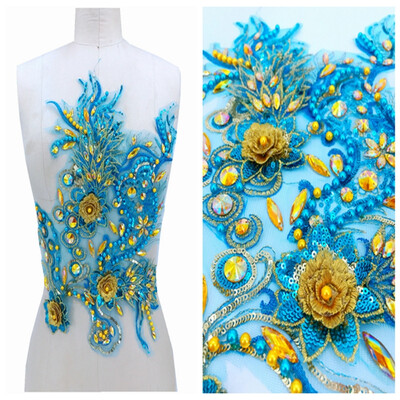 Three-dimensional flower light bluegolden lace applique with bead rhinestones trimming patches 4227cm for dress accessory
Three-dimensional flower light bluegolden lace applique with bead rhinestones trimming patches 4227cm for dress accessory