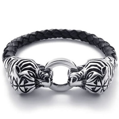 Hpolw Mens Leather Bracelet, Stainless Steel Tiger Head Clasp, Black, Silver, 8.6 Inch
Hpolw Mens Leather Bracelet, Stainless Steel Tiger Head Clasp, Black, Silver, 8.6 Inch