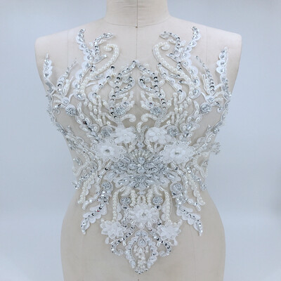 hand made ivory white lace trimming patches Three-dimensional applique with peal silver Rhinestones 5531cm for wedding dress
hand made ivory white lace trimming patches Three-dimensional applique with peal silver Rhinestones 5531cm for wedding dress