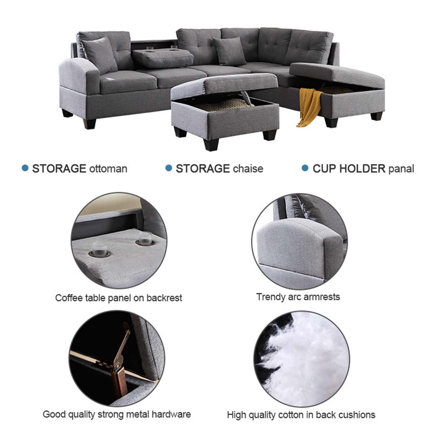 Modern Fabric Sectional Sofa Couch Set L-Shaped Couch Chaise Left for Living Room with Storage Ottoman Modern Fabric Sectional Sofa Couch Set L-Shaped Couch Chaise Left for Living Room with Storage Ottoman