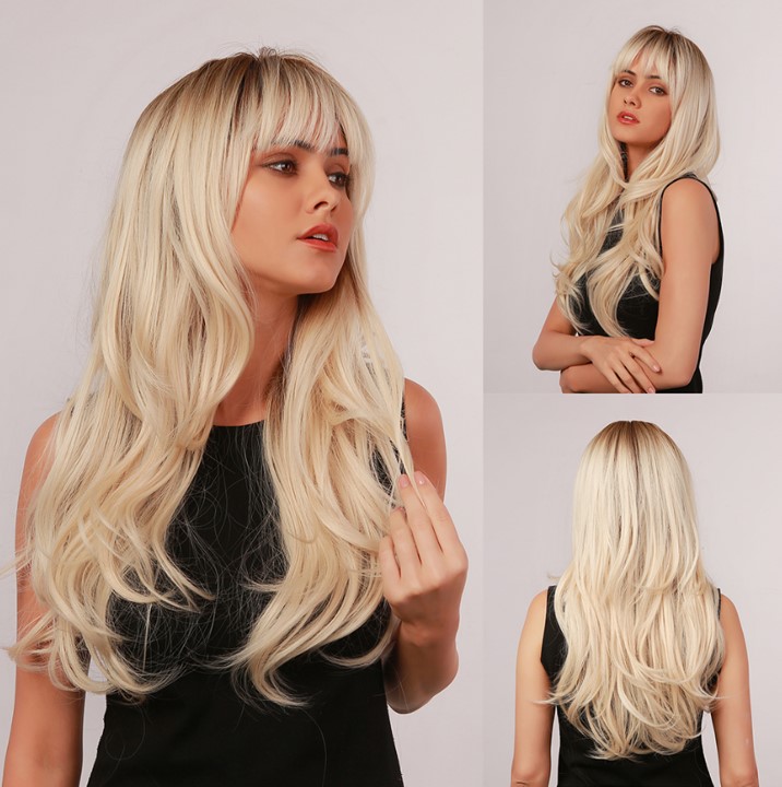 Blonde unicornLong Wavy Ombre Light Blonde Synthetic Hair Wigs for Women lc6016-1