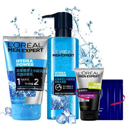 欧莱雅（L'OREAL） 套装男士洗面奶水能秋冬季控油补水保湿爽肤水乳化妆品护肤品套装 洁面膏+水凝露