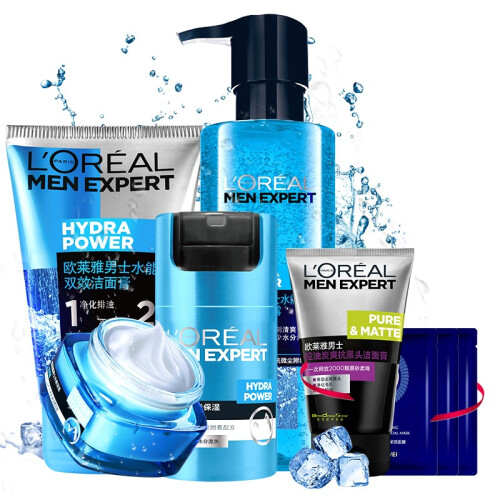 欧莱雅（L'OREAL） 套装男士洗面奶水能秋冬季控油补水保湿爽肤水乳化妆品护肤品套装 双效洁面膏+酷爽水凝露+保湿滋润乳+保湿强润霜