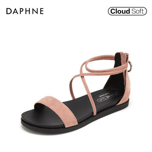 Daphne/达芙妮凉鞋2019夏专柜同款平底女鞋 经典绒面后包拉链 粉红 34