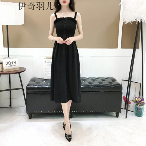 2019夏新品女装连衣裙女收腰吊带一字肩连衣裙新品夏装新款女沙滩裙背带裙连衣裙2019春雪纺蕾丝裙子 黑色 M