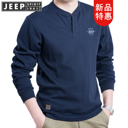 吉普(JEEP)T恤男士新品宽松舒适立领长袖t恤男 蓝色  SS0004 XL码建议155-175斤穿