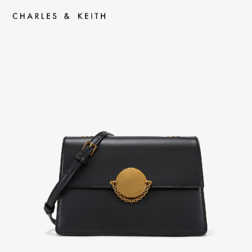 CHARLES&KEITH 女包CK2-80270179金属扣链条饰女士翻盖单肩斜跨包 黑色 S