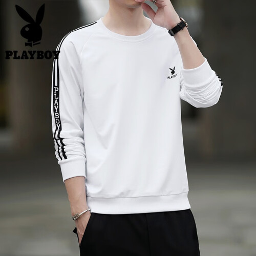 花花公子（PLAYBOY）长袖T恤男2019秋季新款青年男士休闲卫衣男圆领修身纯色上衣打底衫男 MT1927白色 XL