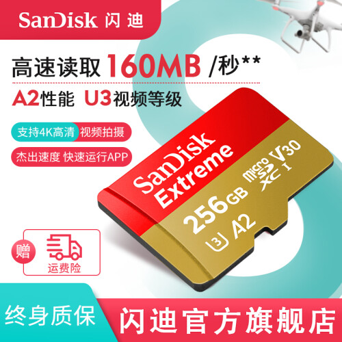 闪迪sandisk内存卡class10存储sd卡 高速行车记录仪tf卡 手机内存卡 256G 160M/s A2高性能 4K高清拍摄