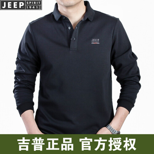 吉普JEEP长袖t恤男士2019秋冬翻领中青年长袖宽松上衣服休闲体恤polo衫男 0037黑色翻领 M码建议120-140斤左右