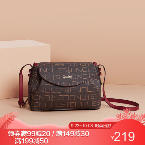 蔻一（Cnoles）包包女包时尚单肩包女新品经典复古印花LOGO欧美斜挎包女潮流女包 啡配红