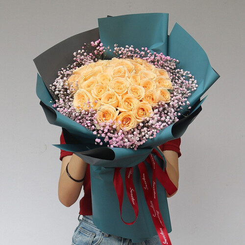 幽客玉品鲜花速递33朵香槟玫瑰花束全国同城生日表白鲜花快递北京吉林长春哈尔滨上海同城送花店 33朵香槟玫瑰——店长推荐