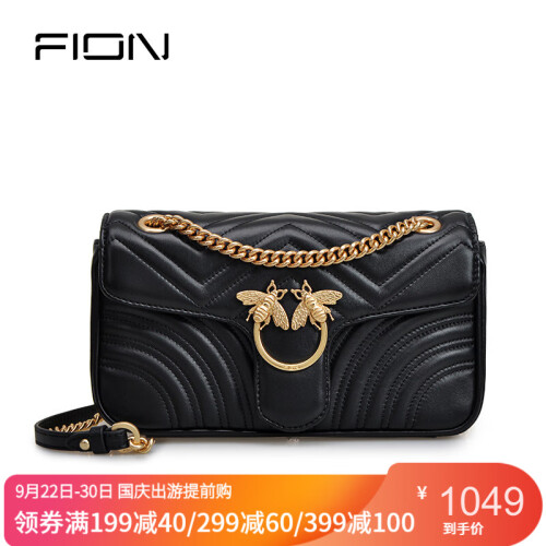 FION/菲安妮真皮女士包包2019新款 轻奢蜜蜂小方包时尚菱格链条包 奢侈品单肩包高雅斜挎包女 【新版】黑色