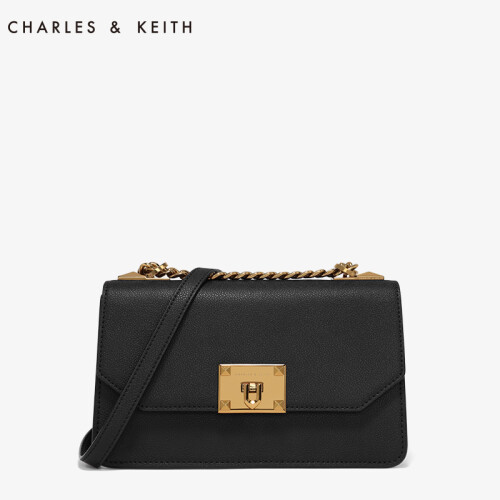 CHARLES&KEITH 小方包CK2-80780640金属扣装饰荔枝纹女士单肩包 黑色 S