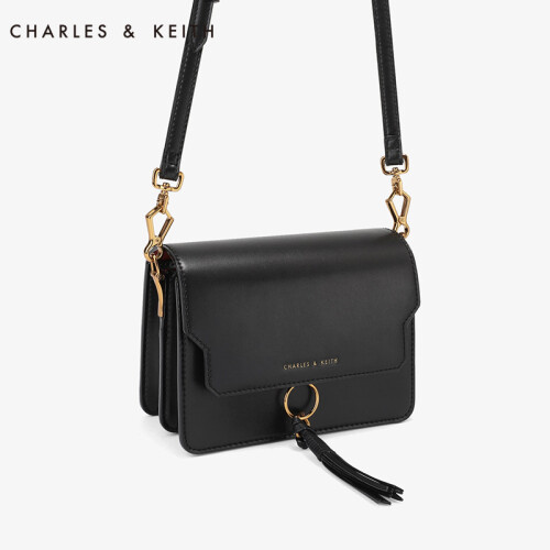 CHARLES&KEITH 女包CK2-80670829金属圆环编织流苏装饰女士单肩包 黑色 S