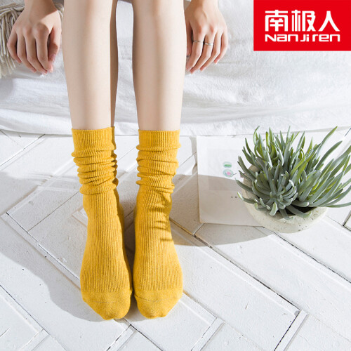 南极人女袜子 女士堆堆袜春秋彩色高筒袜日韩风格糖果色纯色堆堆袜子单双装 姜黄色 均码