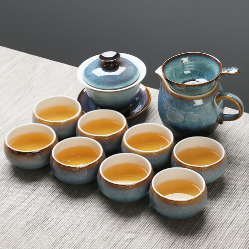 京东超市苏氏陶瓷（SUSHI CERAMICS）茶具新窑变银丝釉陶瓷茶碗苹果茶杯13头功夫茶具套装