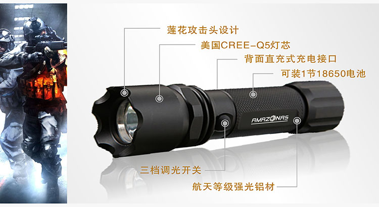 亚马逊应急灯照明LED强光手电筒充电远射防水家用消防自行车灯 A5