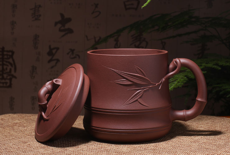 
                                        茗臣尚品 宜兴紫砂杯茶具 圆竹杯  全手工茶杯500毫升 清水泥                