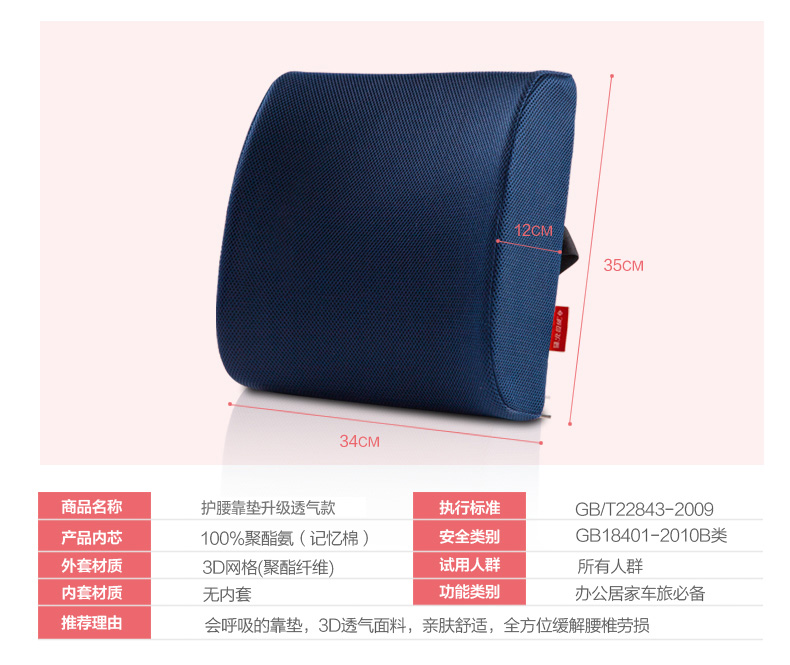 北极绒 办公室记忆棉护腰靠垫 藏青色 标准款35*34*12