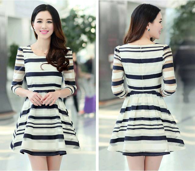 天使<em>保镖</em> 2014夏装新品 <em>淑女</em>小圆领条纹欧根纱