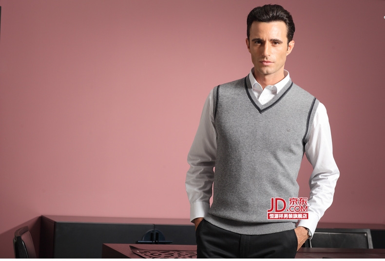<em>恒源祥背心</em> <em>马甲</em> V领<em>男式</em>毛<em>背心</em> 100%超细美丽