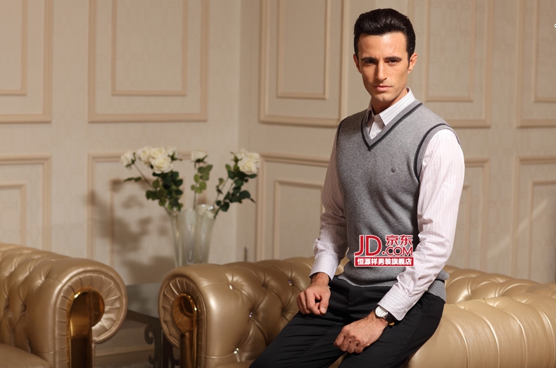 <em>恒源祥背心</em> <em>马甲</em> V领<em>男式</em>毛<em>背心</em> 100%超细美丽