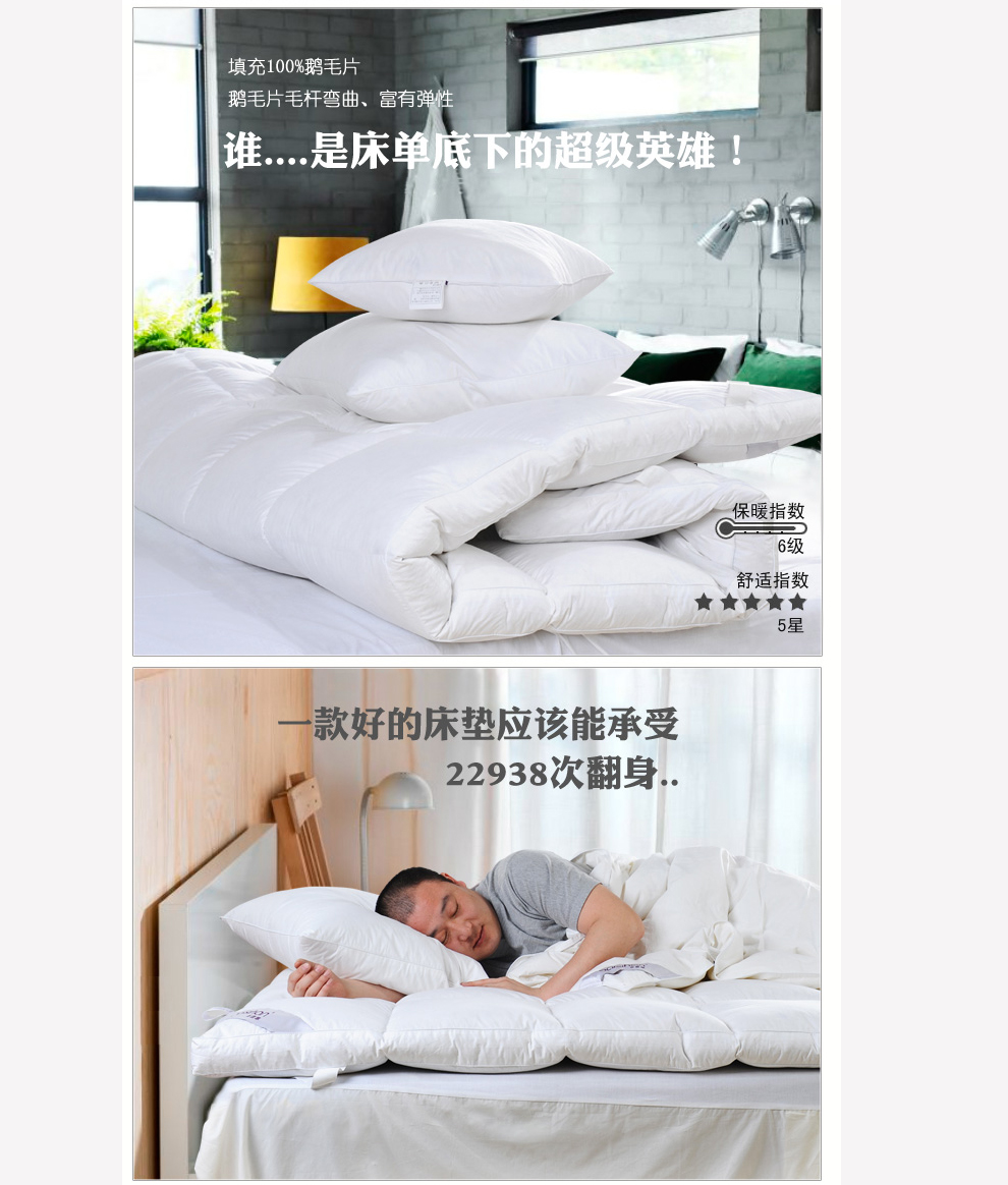 
                                        百思寒（BAISIHAN）羽绒床垫加厚白鹅绒片羽绒床褥榻榻米床垫子单人学生床垫双人褥子 白色加厚型10cm加厚 180*200cm                