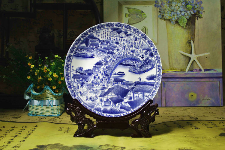 雅川礼瓷 景德镇陶瓷器 青花骨瓷精品赏盘看盘挂盘  高档陶瓷工艺品装饰摆件 清明上河图
