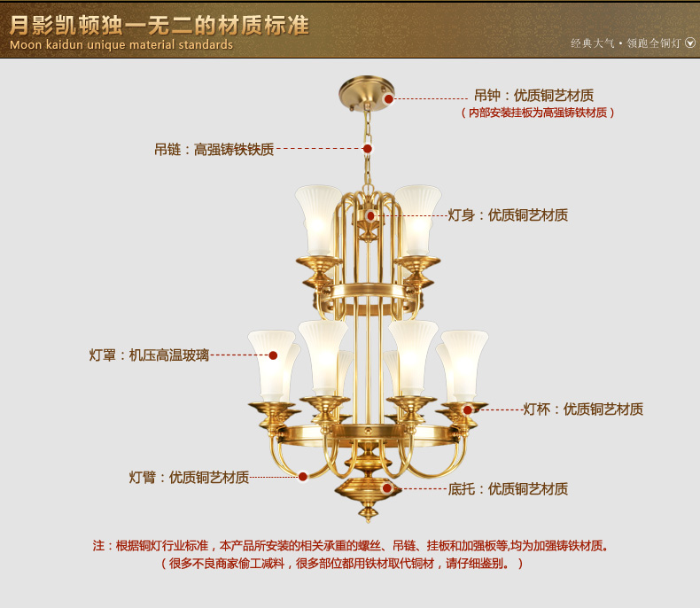 月影凯顿 双层全铜吊灯高档大气欧式灯美式乡村客厅灯别墅复式楼楼梯灯饰 12灯-宽80cm- 高100cm