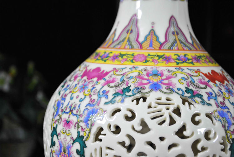 雅川礼瓷 景德镇陶瓷器 花瓶工艺品装饰摆件  镂空粉彩夜光赏瓶