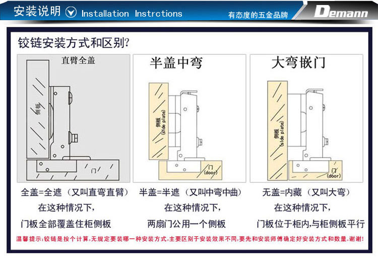 demann 液压静音铰链 柜门合页 半盖